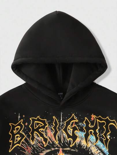 Street Life Men's Autumn Long Sleeve Rhinestone Letter & Eye Print Hoodie Sweatshirt