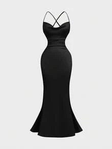 SHEIN MOD Váy trễ vai xếp nếp đen cổ điển với ruy băng buông xõa, vải satin sáng bóng, thiết kế hở lưng và dáng đuôi cá - Hoàn hảo cho các bữa tiệc, kỳ nghỉ, hẹn hò, tiệc sinh nhật, tiệc trà chiều và lễ hội - màu đen - Xem 2