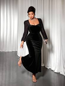 Cravure Plus Size Women's Sweetheart Neck Black Patchwork Metallic Shiny Chiffon Flare Sleeve Dress, Luxury Party & Daily Wear, Autumn/Winter - Black - View 5