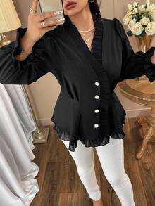 Auvina Plus Size Women V-Neck Lace Patchwork Ruffle Hem Fitted Long Sleeve Button Down Blouse Fall - Black - View 4