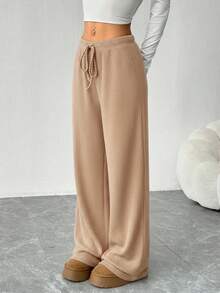SHEIN EZwear Stylish Women's Camel Plain Knitted Wide Leg Long Pants With Pockets For Everyday Wear Comfy Pants Knit Pants Women Wide Leg Pants
