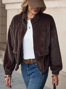 Solivie Women's Casual Loose Faux Fur Collar Long Sleeve Coat, Solid Color, In Autumn/Winter,Fall