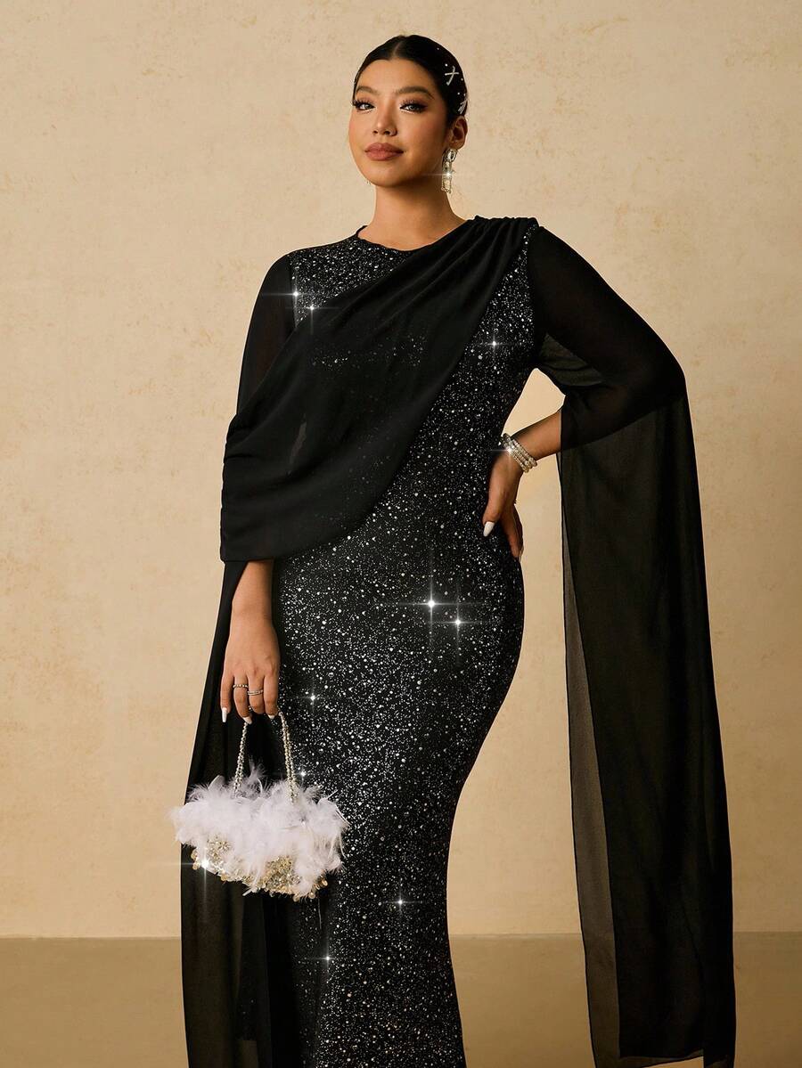SHEIN VCAY Elegantes Chiffon-Wickelkleid in Große Größen, romantisches Partykleid, figurbetontes Langkleid für Frauen, geeignet für Silvester und Feiertage - Schwarz - Übersicht 1