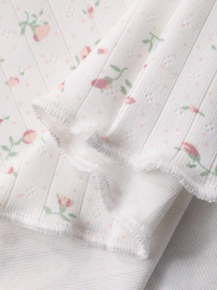 Women's Casual White Knitted Fabric Long Sleeve Round Neck Pajama Set With Lettuce Trim And Ditsy Floral Print, Winter Clothes