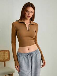 SHEIN Cottnline Solid Polo Neck Tee - Brown - View 5