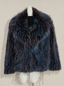 SHEIN ICON Y2K 女款海军蓝和棕色复古仿皮草大衣，时尚秋冬冬季大衣皮草大衣泰迪大衣 - 藍色 - 查看 3