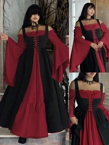 Lyrianda Plus Size Women Off Shoulder Long Sleeve Flare Sleeve Ruffle Elegant Vintage Cute Halloween Party Casual Holiday Colorblock Dress