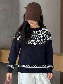 Dazy Kids Girls' Scoop Neck Long Sleeve Sweater, Autumn - Navy Blue - View 1