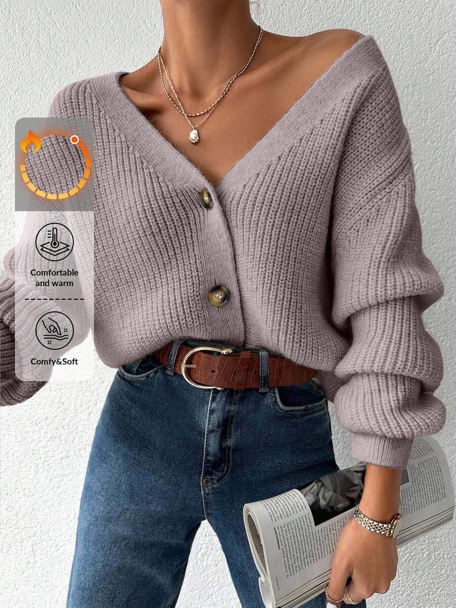 EURMUSE Women's Casual Solid Color Ribbed Single-Breasted Long Sleeve Cardigan - Baby Pink - View 1