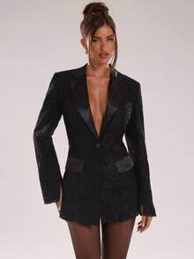 SHEIN BAE Women's Solid-Color Lace Fabric Lapel Long-Sleeve Single-Breasted Slim-Fit Elegant Blazer For Fall/Winter,Black Lace Blazer,Elegant Lace Blazer - Black - View 5