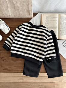 LMoss Kids 2 件套男婴条纹圆领运动衫和裤子套装，保暖内衬，加厚，秋冬 - 黑與白 - 查看 2
