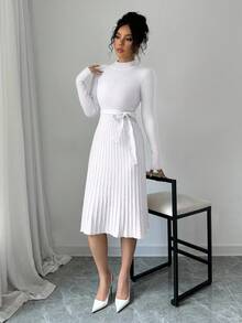 Selianne 女士简约纯色立领常规肩长袖褶裥修身连衣裙 - 白色 - 查看 3