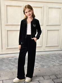 SHEIN Tween Girls' Streetwear Black Autumn Casual Family Matching,Velvet Butterfly Rhinestone Zip-Up Cropped Hoodie And Flare Pants 2-Piece Outfit,Y2K Set - Black - View 6