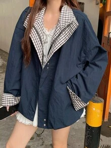 DAZY Women's Plaid Patchwork 2 In 1 Loose Fit Long Sleeve Jacket Coat - Navy Blue - View 1