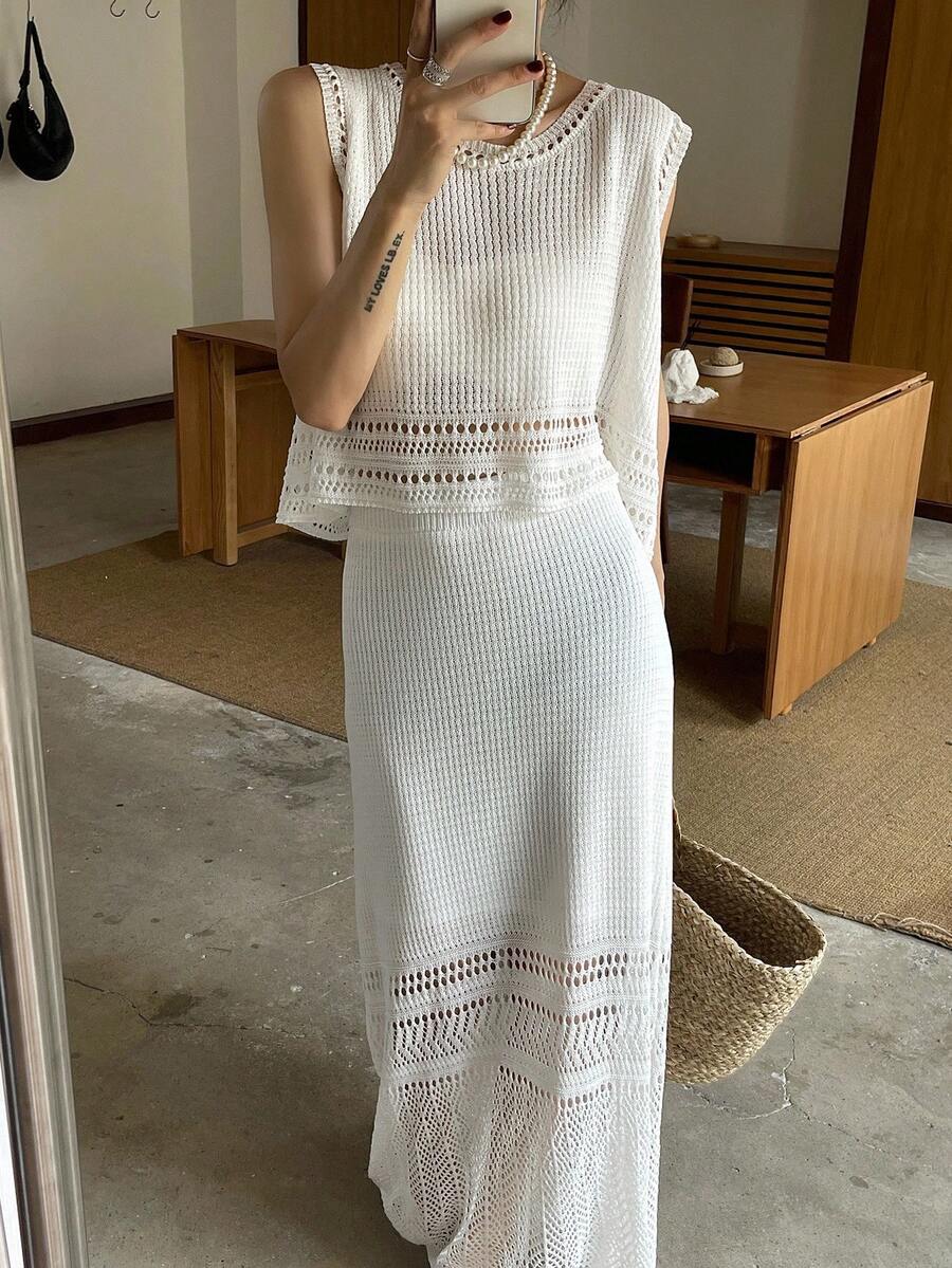 DAZY Conjunto de dos piezas elegante para vacaciones, compuesto por un chaleco sin mangas y una falda larga de punto recta para mujer - Blanco - Ver 1