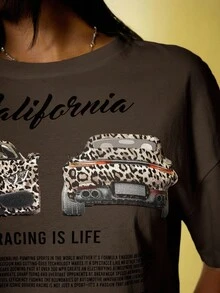 ROMWE Street Life Oversized Women's T-Shirt With Leopard Print, Car Logo And Slogan Graphic, Streetwear Style - Coffee Brown - View 2