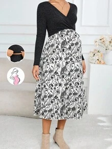 SHEIN 哺乳裹身长袖撞色全印花休闲连衣裙 - 彩色 - 查看 1