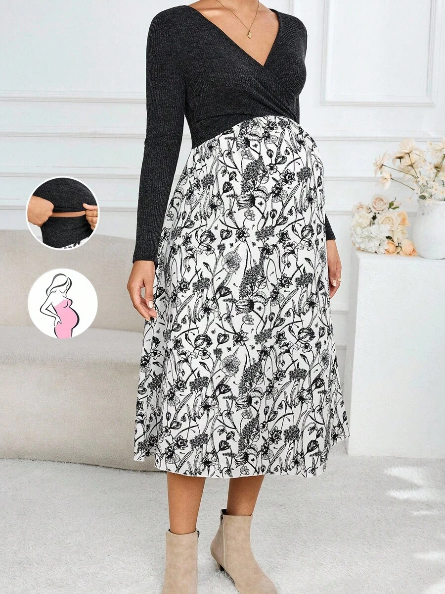 SHEIN 哺乳裹身长袖撞色全印花休闲连衣裙 - 彩色 - 查看 1