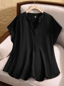 Rusticease 1pc Plus Size V-Neck Plain Short Sleeve Shirt, Minimalist & Fashionable For Summer - Black - View 3