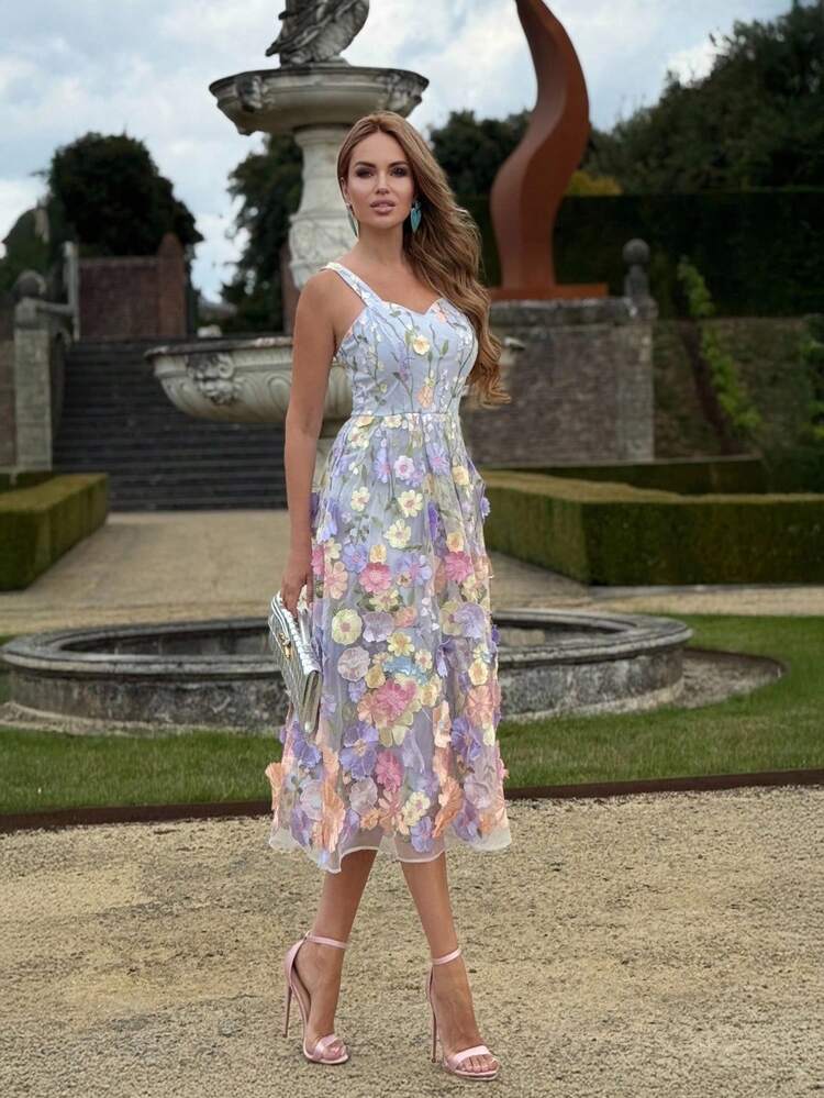 Abito di lusso ricamato con fiori, elegante abito da festa per donna, outfit primaverile, abito da ospite di matrimonio