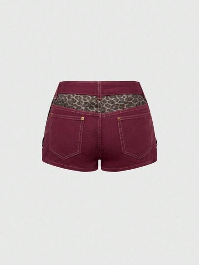 Grunge Punk Short en jean court, taille basse, style casual avec imprimé léopard et patchwork pour femmes