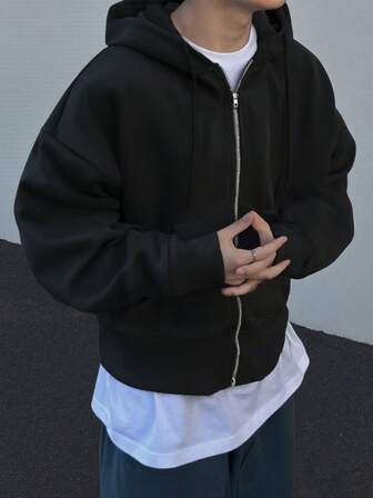 Manfinity Hypemode Men's Casual Short Hooded Cardigan Plain Hoodie Oversized Zip Up Hoodie Cropped Zip Up Men Boxy Double Zipper Hoodie