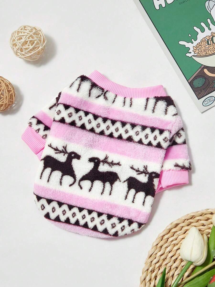 PETSIN 1 件宠物狗猫鹿印花抓绒保暖圆领卫衣 - 彩色 - 查看 1