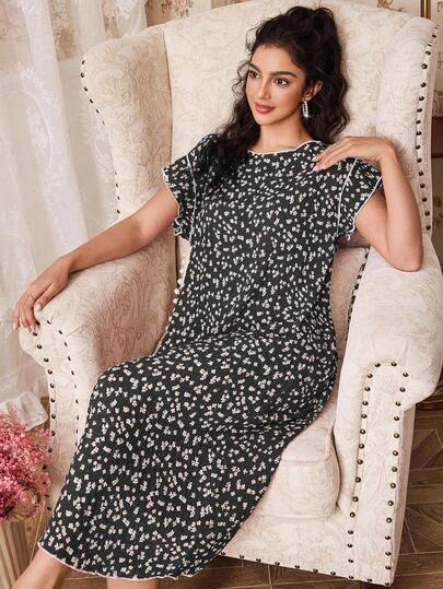  CottageSlumber 浪漫花卉撞色饰边女式睡袍