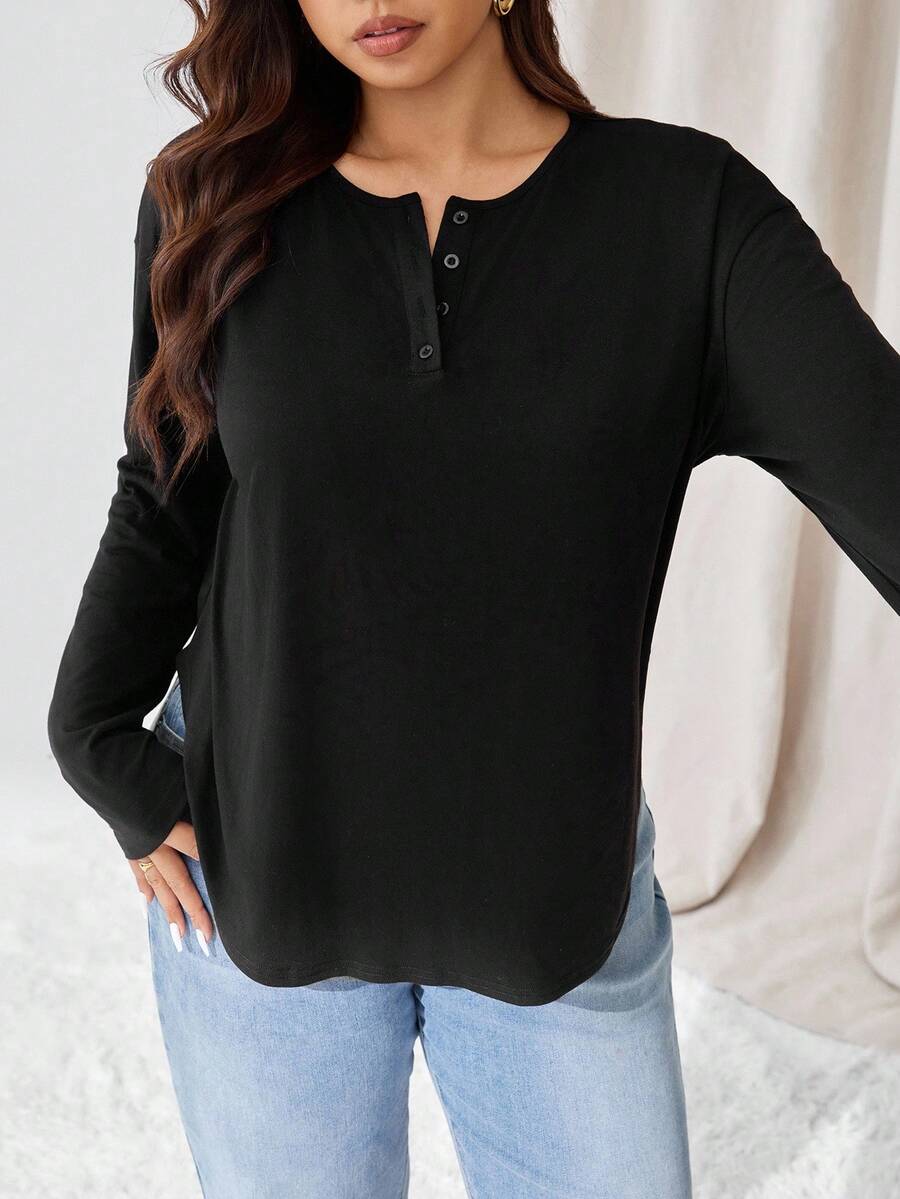Auralis Plus-Size Women's Casual Top, Autumn Women's T-Shirt, Casual Women's Clothing, Black Top Fall - Black - View 1