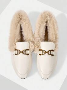 Mnmlis 2025 New Plush Lined Slip-On Loafers With Metal Buckle, Soft Leather Flat Shoes For Women, Autumn/Winter - Chantilly - View 1