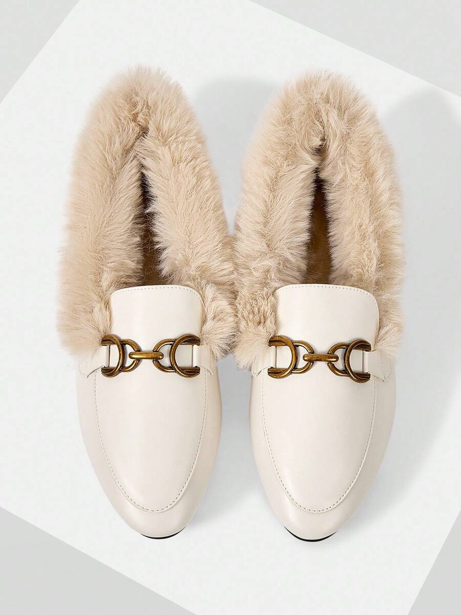 Mnmlis 2025 New Plush Lined Slip-On Loafers With Metal Buckle, Soft Leather Flat Shoes For Women, Autumn/Winter - Chantilly - View 1