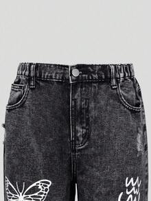 SHEIN Sparklyn Teen Girl Medium Wash Distressed Print Casual Denim Jeans Fall Winter - Black - View 3