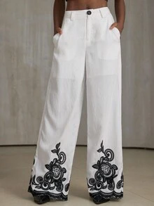 Aveloria Modichic New Ink Painting Style Pants, White Base With Black Embroidered Wavy Hem, Comfortable For Tea Parties, Bazaars, And Everyday Wear - Black and White - View 7