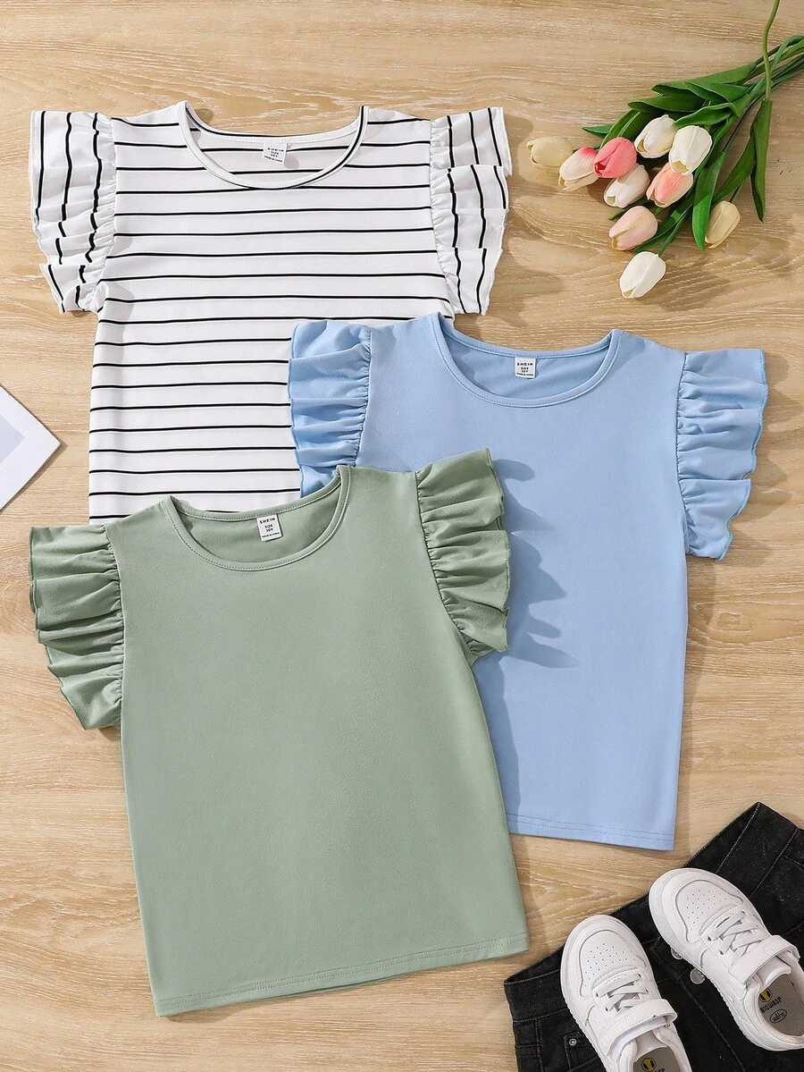 Tween Girls Casual Versatile Cap Sleeve T-Shirt, Summer - Multicolor - View 1