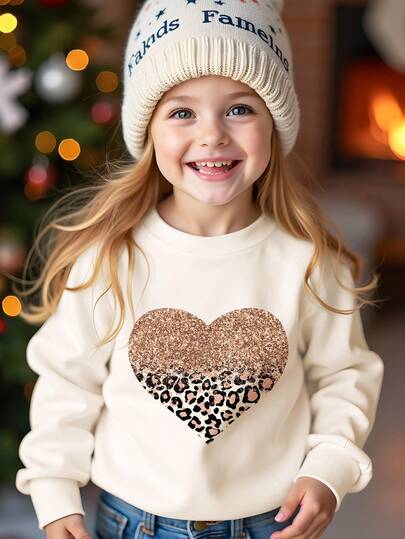 豹纹心形印花，年轻女孩休闲简约宽松圆领舒适针织加厚长袖运动衫，适合秋冬季