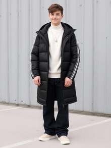 SHEIN Kids/Tween Boys Casual Black Winter Parka Coat,Hooded Mid-Length Thick Woven Padded Jacket With Patch & Tape,Warm Long Puffer Coat For School & Travel - Black - View 3