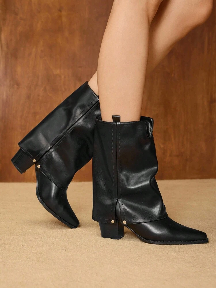 BOTAS ELEGANTES DE MEDIA PANTORRILLA CON TACÓN GRUESO Y PUÑO INVERTIDO PARA MUJER, OTOÑO/INVIERNO