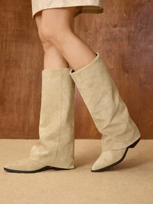 MOTF WOMEN'S FASHIONABLE APRICOT CHUNKY HEEL POINTED TOE OVER-THE-KNEE BOOTS - Apricot - View 7