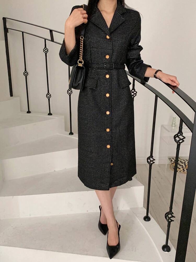 Women's Lapel Metallic Sheen Waist Cinched Mid-Length Dress