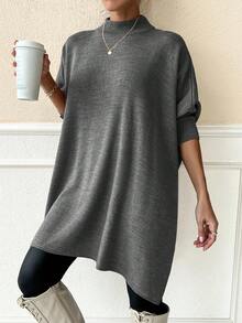EURMUSE Women Solid Color Mock Neck Half Sleeve Oversize Pullover - Grey - View 5