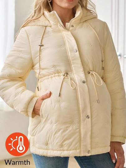 SHEIN 孕妇纯色长袖抽绳腰部拉链前开式休闲连帽冬季夹克