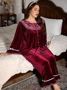 PalaceNights Bộ đồ ngủ nhung thêu phong cách cung điện cổ điển cỡ lớn, váy ngủ thu/đông, đồ ngủ cho nữ, đồ ngủ 2 món, bộ đồ ngủ màu đỏ tía, quần áo mùa thu - Màu Đỏ Sâu - Xem 6