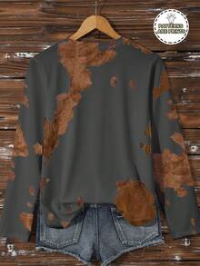 SHEIN LUNE Plus Size Cartoon Print Color Block Round Neck Casual Long Sleeve T-Shirt - Dark Grey - View 2