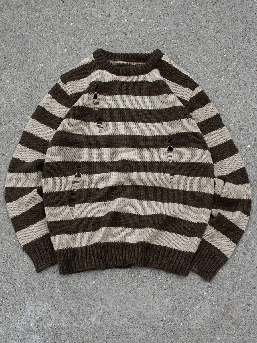 Manfinity Hypemode Men's Striped Pattern Distressed Fashionable Long Sleeve Pullover Sweater, For Fall Winter - Coffee Brown - View 1