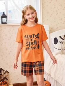 2pcs Halloween Element Print Short Sleeve Plaid Shorts Pajama Set For Big Girls Teen Girl Pajama Set Orange Pajama Set Teen Girl Lounge Wear Halloween Pajamas 10y Women Sleep Wear Set - Orange - View 3