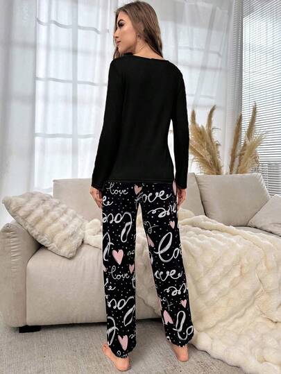 Heart Letter Graphic PJ Set Pajama Set, Fall Clothes Cozy Elegante view 2