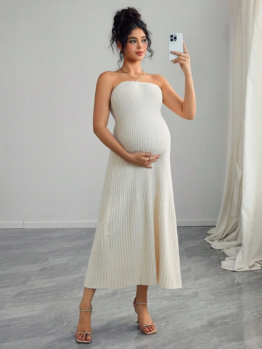 SHEIN 孕妇纯色抹胸毛衣裙 - 米色 - 查看 1