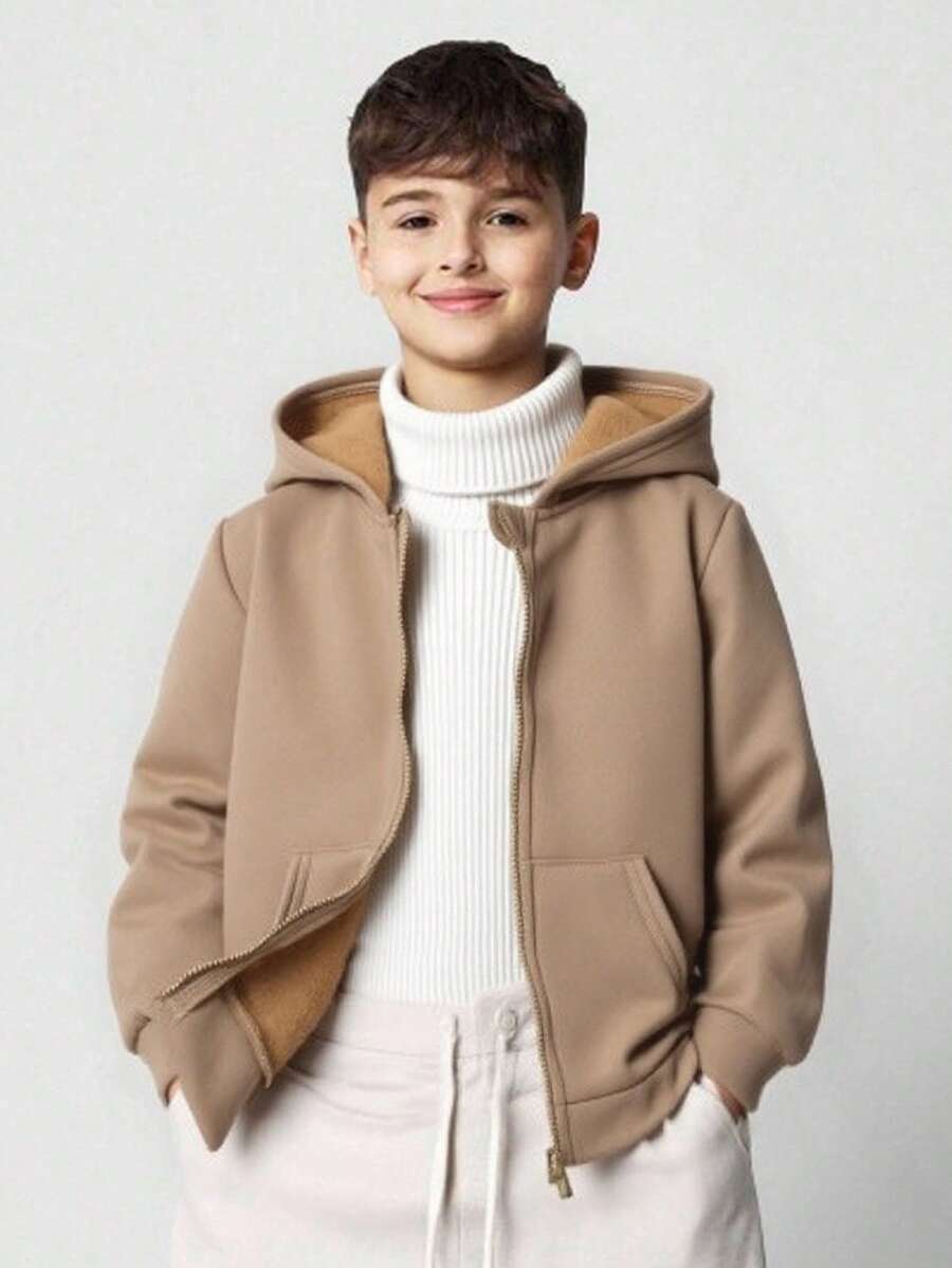 SHEIN 小男孩休闲夹克 Wtt 官方网站，男孩冬季外套，连帽拉链运动衫，学校，基本款上衣，冬季上衣，适合春季、夏季、秋季、冬季学校、花园、海滩、生日 - 卡其色 - 查看 1