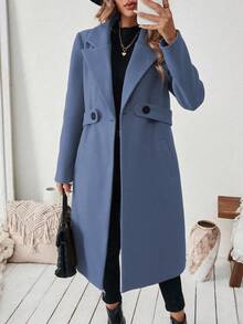Vionelle Plus Size Women's Classic Casual Minimalist Lapel Cinched Waist Button Pocket Mid-Length Coat, Autumn/Winter Long Jacket For Women Winter Coat Women Long Coat Women Coats Trench Coat Women - Blue - View 4