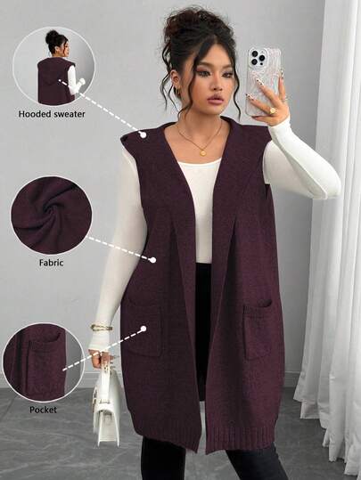 Elenzga Christmas Plus Size Women French Style Knitted Mid-Length Sleeveless Hooded Cardigan Sweater Vest, Loose Casual Versatile Commuter Long Cardigan For Women Sleeveless Cardigan Sweater Vest For Women Vest Dress Hooded Sweater